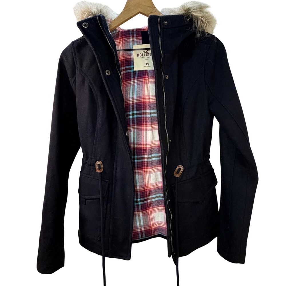 Hollister Navy Faux Fur Hood Lined Jacket Womens XS